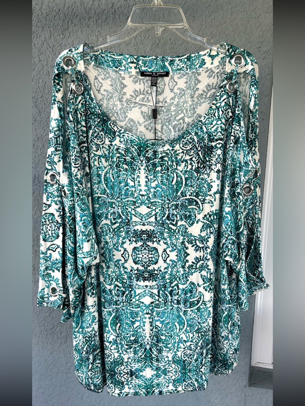 Cable & Gauge NEW Blouse Womens 3X Paisley Grommet Sleeve Boho Tunic Top Stretch